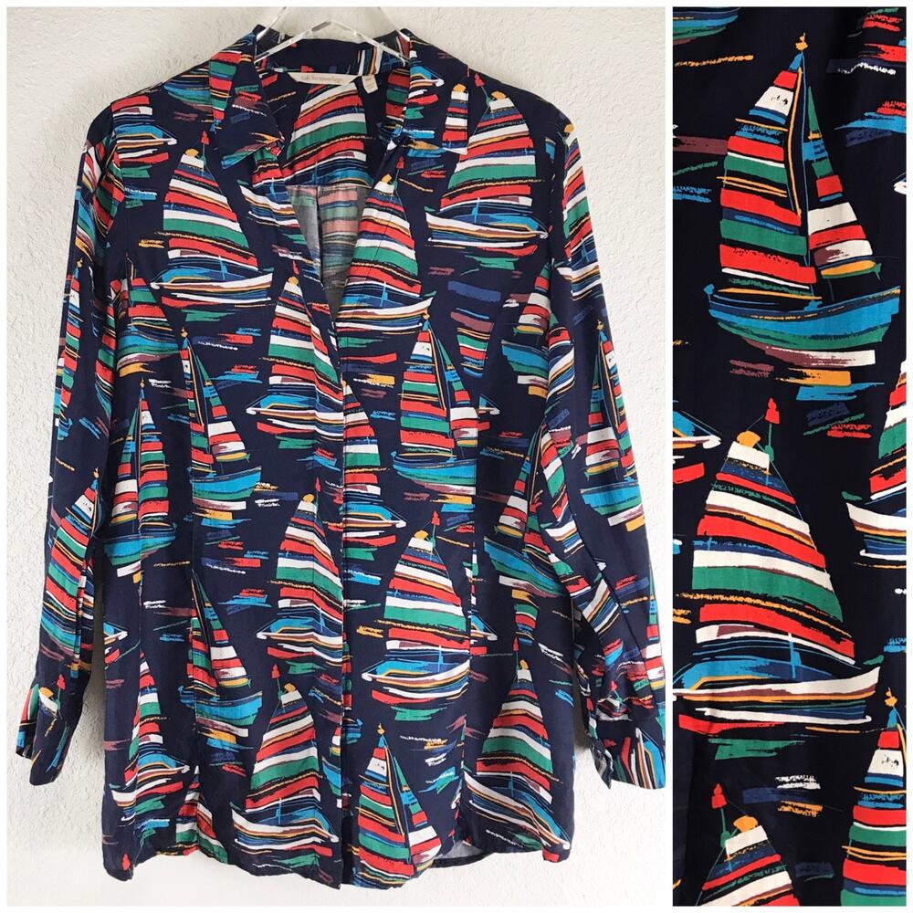 Soft Surroundings Sail Away Sailboat Nautical Tunic Navy Button Front Petite M
